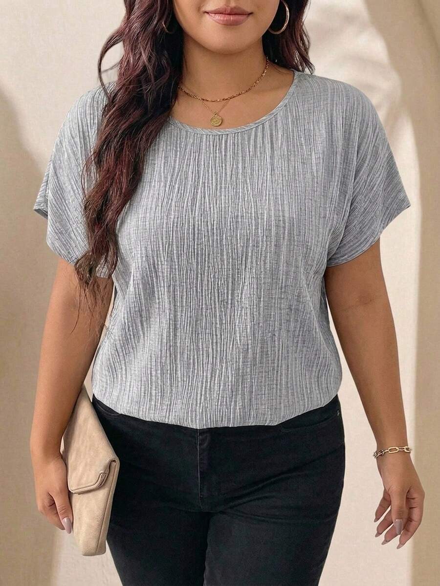 SHEIN LUNE 大码舒适圆领休闲百搭短袖衬衫 - 灰色 - 查看 1