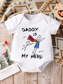 SHEIN Playful Pals 1件男嬰卡通可愛標語「DADDY IS MY HERO」字母印花短袖連身衣，夏季嬰兒中性款柔軟舒適日常背心連身衣，父親節適用 - 白色 - 查看 3