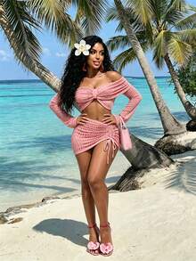 SHEIN BamGlam Conjunto de 2 piezas para mujer con top corto de hombros descubiertos de unicolor y falda con cordón - Rosa - Ver 1