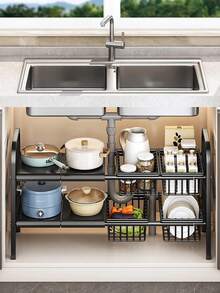 1 Juego de Estantes de Almacenamiento Retráctiles de Una y Dos Capas para Fregadero - Estante de Cesta Metálica Desmontable, Estante de Almacenamiento Multifuncional Negro Ahorrador de Espacio Adecuado para Cocina y Baño - Negro - Ver 6