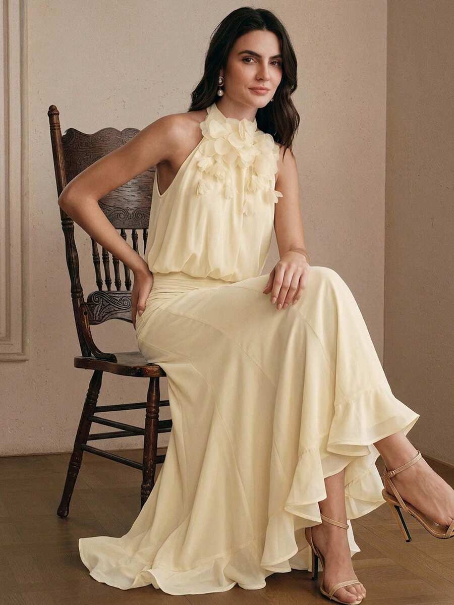 Anewsta Spring/Summer New Holiday Party Sleeveless Detachable Floral Decor Cinched Waist Ruffle Hem Romantic Elegant Maxi Dress For Women - Apricot - View 1