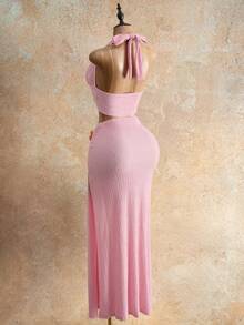 Mistrie Women's Solid Color 3D Metal Flower Decor Halter Neck V-Neck Top And Slit Bodycon Fitted Skirt 2-Piece Set Beach Party Pink Summer Sexy - Baby Pink - View 7