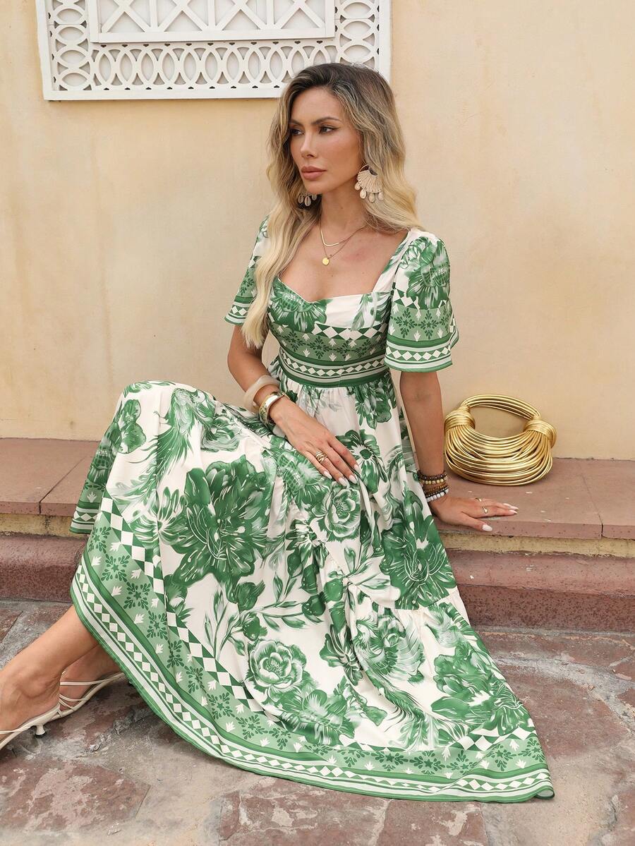 Flora Isola Flora Isola Women's Spring/Summer Elegant Boho Fashion Commute Casual Comfortable Charming Vintage Romantic Holiday Vacation Beach Vacation Dress White Floral - Green - View 1