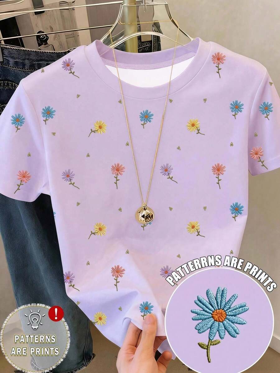 SHEIN 女童春夏休閒舒適時尚簡約創意個性清新可愛雛菊花卉圖案印花休閒風春夏短袖T恤滿版印花日常穿著適合春夏氛圍外出上衣 - 彩色 - 查看 1