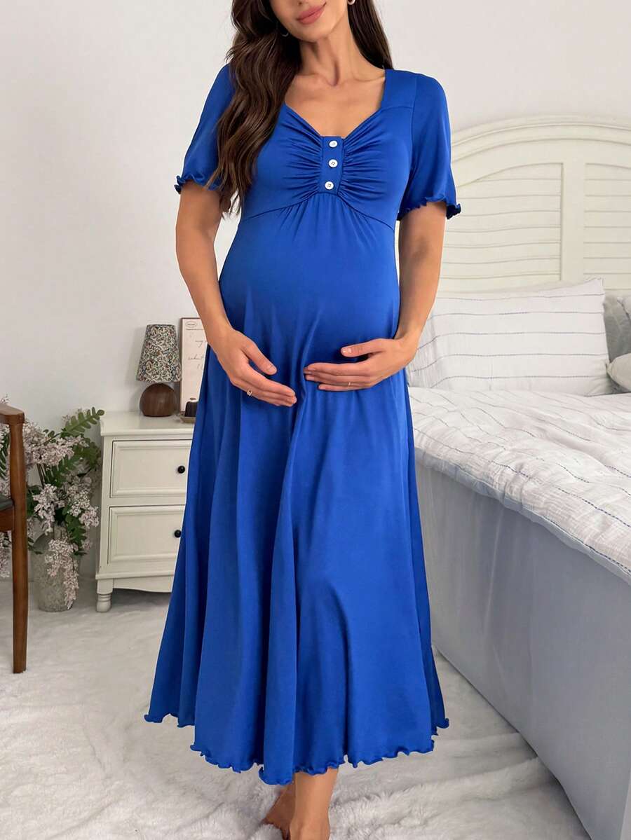 Moonlight&Mama 孕婦純色百褶休閒日常居家睡裙 - 藍色 - 查看 1