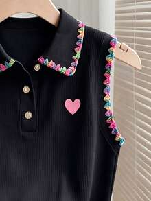 Resyla 彩虹狗牙邊心形刺繡黑色POLO領無袖針織女款背心 - 彩色 - 查看 3
