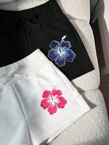 SHEIN Tween Girl Tween Girls Casual Flower Printed Gray And White Color Knit Wide Leg Shorts 2pcs Set - Black and White - View 6