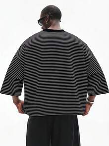 STYNVO 男士夏季休閒條紋落肩寬鬆版型T恤 - 黑色 - 查看 2