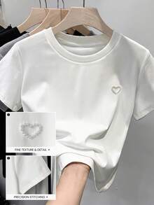 SHEIN 少女白色针织宽松圆领心形图案串珠优雅百搭舒适上衣T恤，春夏款 - 白色 - 查看 3