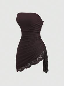 Sweetra Spring/Summer Women's Textured Contrast Lace Sexy Tailored Bandeau Dress Night Out Club Party Date Night Dark Brown Halloween - Coffee - View 1