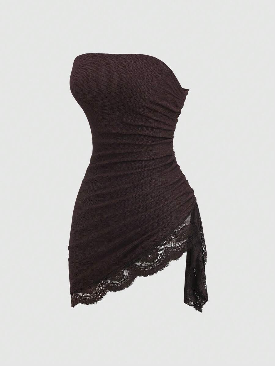 Sweetra Spring/Summer Women's Textured Contrast Lace Sexy Tailored Bandeau Dress Night Out Club Party Date Night Dark Brown Halloween - Coffee - View 1