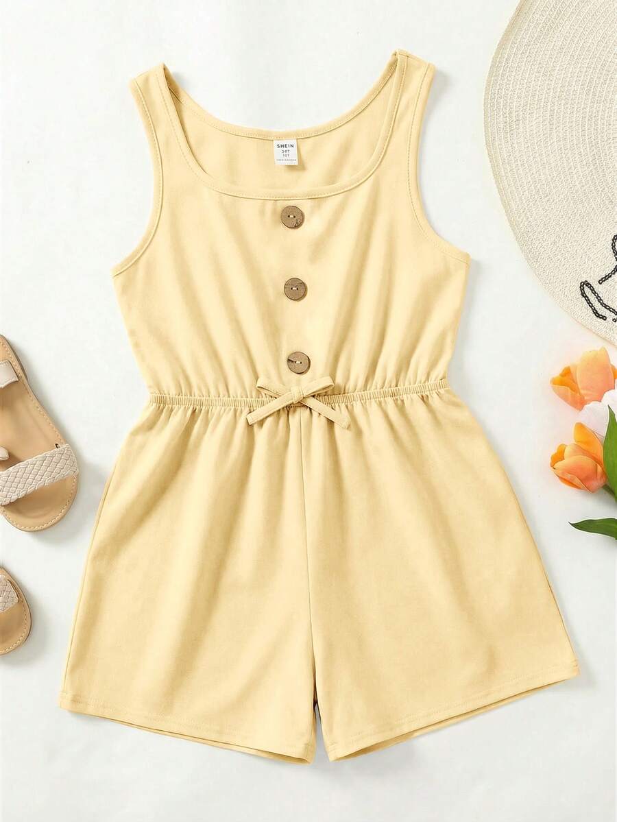 SHEIN Romper Longgar Kasual Warna Kuning untuk Anak Perempuan Remaja, Cocok untuk Pemakaian Sehari-hari, Liburan, dan Pantai - Kuning - View 1