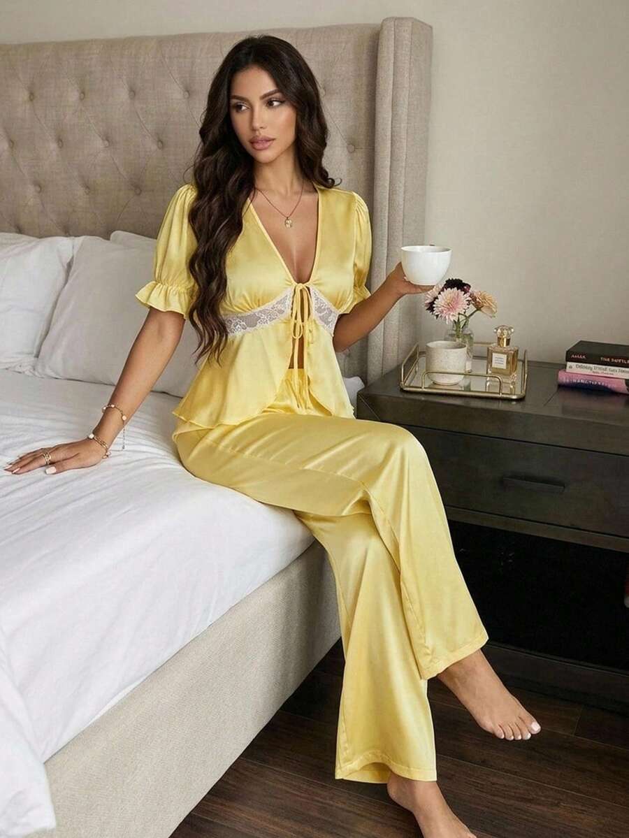 Livesso Women's Comfortable Casual Satin & Lace Patchwork Tie Cuff Blouse And Loose Pants Pajama Set Summer - Yellow - View 1