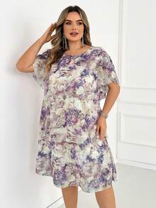 SHEIN CURVE+ 大尺碼女款花卉圖案圓領時尚洋裝，適合夏季度假 - 彩色 - 查看 7