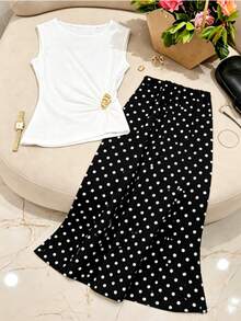 Sweetra Damen Metall-Dekor Weste und Polka-Dot-Muster Meerjungfrau-Rock Elegantes Set - Schwarz und Weiss - Übersicht 3