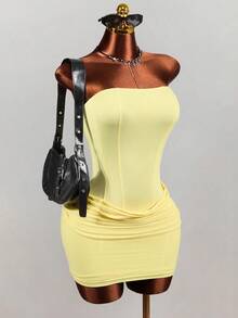 BamGleam Women Summer Solid Pale Yellow Strapless Corset Bodycon Mini Dress Ruched Wrap Hem Sexy Night Out Club Party Beach Photo Outfit - Yellow - View 6