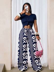 BamGleam Fashionable Casual Commuter City Break Vacation Wave Pattern Symbol Print Wide Leg Long Pants Navy Blue And White Autumn Vacation - Multicolor - View 6