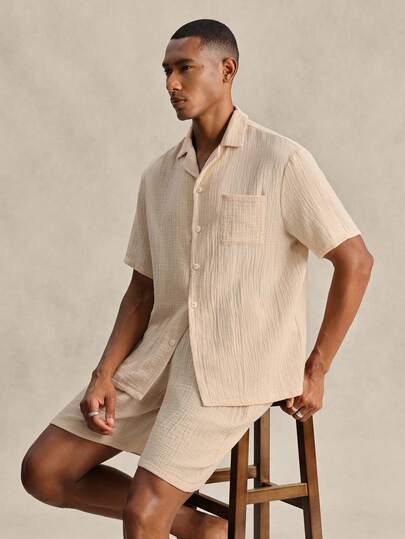 EverLounge Men's Casual Solid Color Shirt Shorts Loungewear Set Vacation Beige Summer