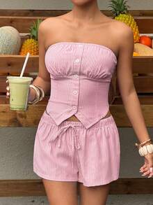 Sunnyshic Atasan Bandeau Katun Bergaris Biru & Putih dengan Lipatan Belakang, Plaket Kancing Palsu Depan, Hem Asimetris, dan Set Pinggang Rendah untuk Wanita, Musim Semi/Panas, Liburan, Pantai, Elegan, Perjalanan, Minimalis, Manis, Imut, Belanja, Kencan, Serbaguna untuk Sehari-hari - Merah - View 4