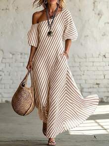 Omancia Women's Elegant Fashionable Commuter Vintage Charm Casual Vacation Relaxed Fit Asymmetrical Shoulder Neckline Short Sleeve Black And White Striped Pocket Dress Spring Summer Comfortable Long Dress - Apricot - View 1