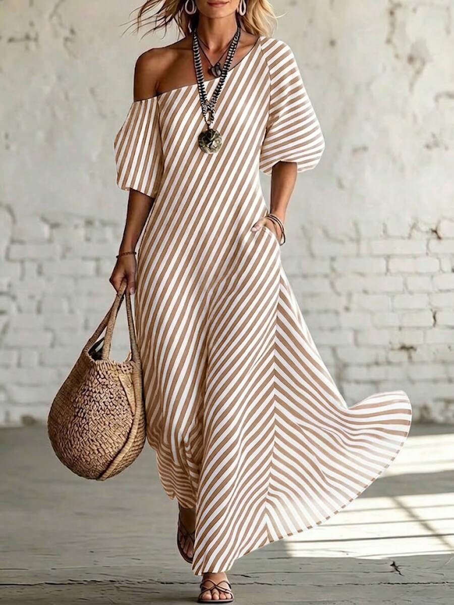 Omancia Women's Elegant Fashionable Commuter Vintage Charm Casual Vacation Relaxed Fit Asymmetrical Shoulder Neckline Short Sleeve Black And White Striped Pocket Dress Spring Summer Comfortable Long Dress - Apricot - View 1