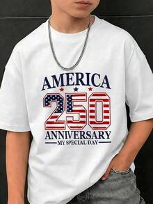 SHEIN Tween Boy American 4th Of July Independence Day Stars And Stripes Digital Print Casual Preppy Comfortable Fashionable Minimalist Practical Versatile Cute Soft T-Shirt Suitable For Daily Wear And School - White - View 5