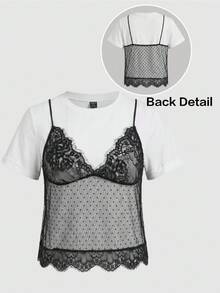 SHEIN BASICS Plus Size Colorblock Lace Patchwork 2 In 1 T-Shirt Date Night Party Rodeo Office Evening Going Out Gym White Black Summer Elegant Cute Sexy Tea Party - Multicolor - View 1
