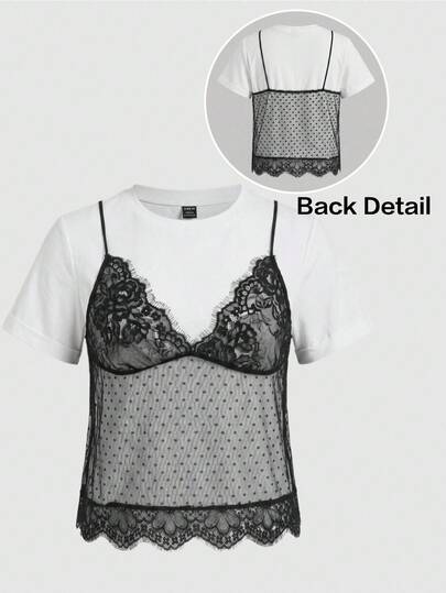 SHEIN BASICS Plus Size Colorblock Lace Patchwork 2 In 1 T-Shirt Date Night Party Rodeo Office Evening Going Out Gym White Black Summer Elegant Cute Sexy Tea Party