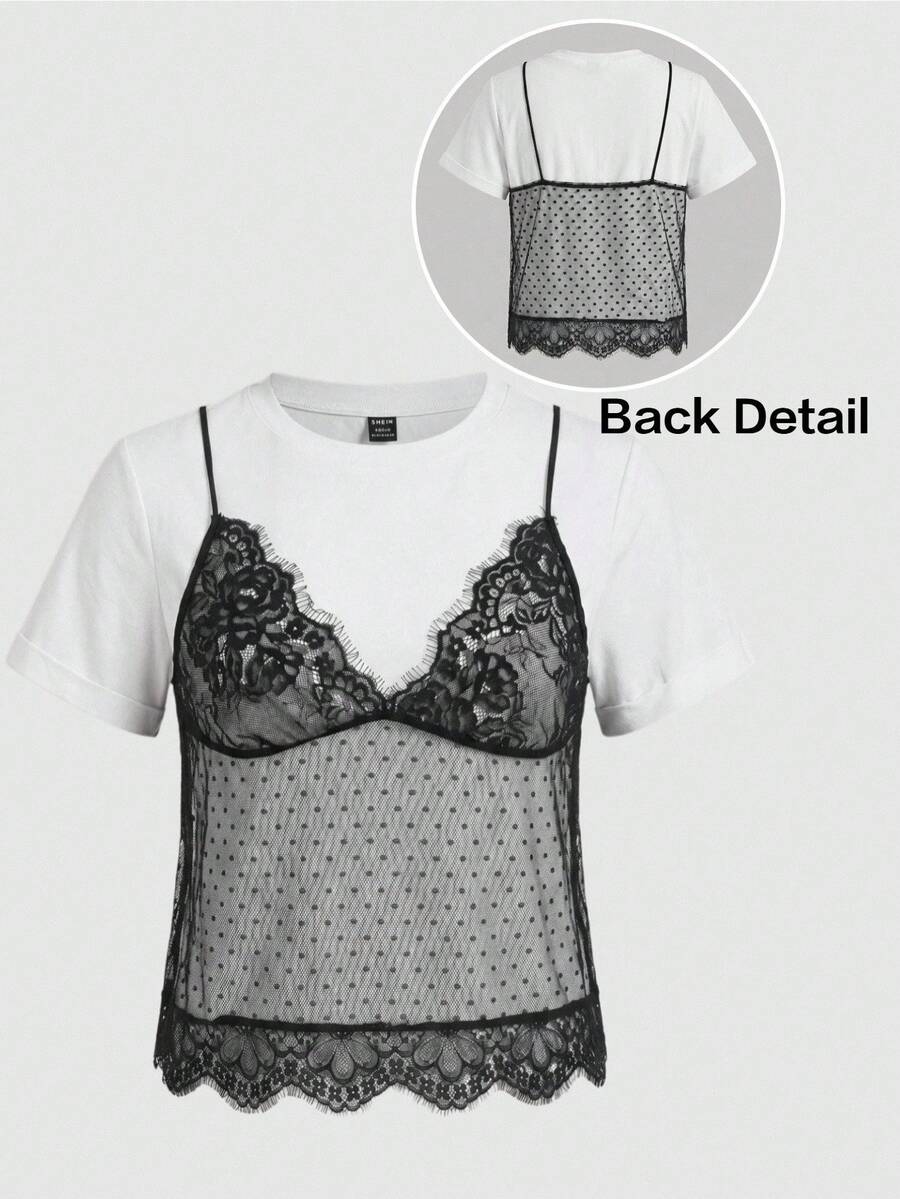 SHEIN BASICS Plus Size Colorblock Lace Patchwork 2 In 1 T-Shirt Date Night Party Rodeo Office Evening Going Out Gym White Black Summer Elegant Cute Sexy Tea Party - Multicolor - View 1