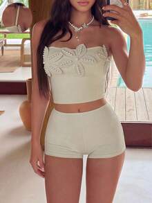 Bonvoyette Damen einfarbiges Stoff-Tanktop mit Blumenakzent, Bandeau-Bauchkontroll-Top und quadratische Shorts, 2 Stücke Badeanzug-Set für tägliche Strandpartys, lässige Urlaube, einfach und elegant - Khaki - Übersicht 4