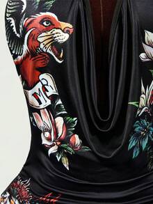 Mistrie 性感露背垂領繫帶掛脖貼身抓皺印花優雅女款洋裝 - 黑色 - 查看 8