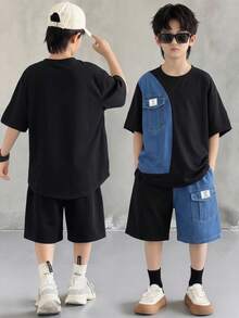 SHEIN 2件組兒童青少年男孩夏季休閒牛仔拼接黑色上衣 & 牛仔拼接短褲套裝，男孩服裝適合開學穿搭、校服、開學服裝 - 黑色 - 查看 4