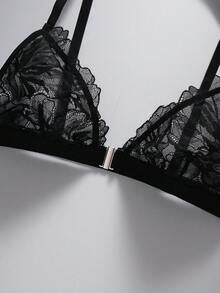 EmpressEnvy Set Lingerie Seksi 2 Potong dengan Penutup Depan dan Motif Renda untuk Wanita - Hitam - View 3