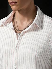 Manfinity CasualCool 男士提花紋理條紋短袖襯衫與短褲套裝 - 白色 - 查看 7