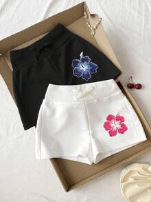 SHEIN Tween Girl Tween Girls Casual Flower Printed Gray And White Color Knit Wide Leg Shorts 2pcs Set - Black and White - View 3
