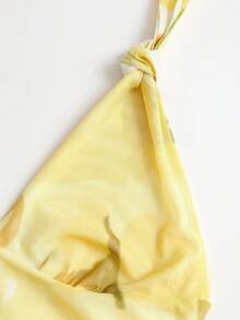 SHEIN Unity 春夏女款優雅海灘浪漫度假風印花多層疊穿荷葉邊掛脖露背性感短洋裝 - 黃色 - 查看 4