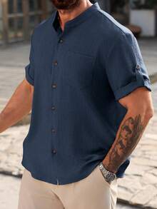 Manfinity RSRT Herren große Größen einfarbiges minimalistisches Kurzarm Lässig Hemd - marineblau - Übersicht 4