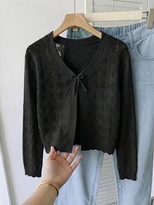 SHEIN Tween女孩鏤空針織秋季開襟衫，適合居家、休閒可愛外出、海灘、返校季、派對，舒適百搭，黑色 - 黑色 - View 3