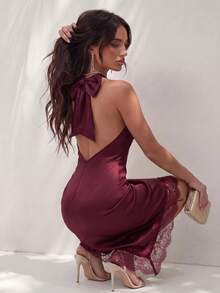Glamine Women's Elegant Halter Neck Dress, Bold Backless Design With Large Bow, Satin Material, Lace Asymmetric Hem, Halter Neck Dress, Satin Lace Dress, Spring Cocktail Dress, Party Dress, Spring Wedding Guest Dress, Beach Evening Gown, Vacation Dress, Date Night Outfit, Vacation Style - Burgundy - View 7