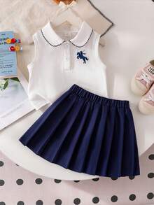 SHEIN Elladie kids 女童2件組學院風馬刺繡翻領荷葉邊刺繡領無袖背心上衣與寶藍色百褶裙，適合夏季返校季節 - 白色 - 查看 5