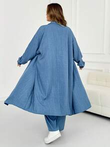 SHEIN CURVE+ 大尺碼女款單排扣素色長袖開襟外套與長褲休閒日常2件套 - 藍色 - 查看 2