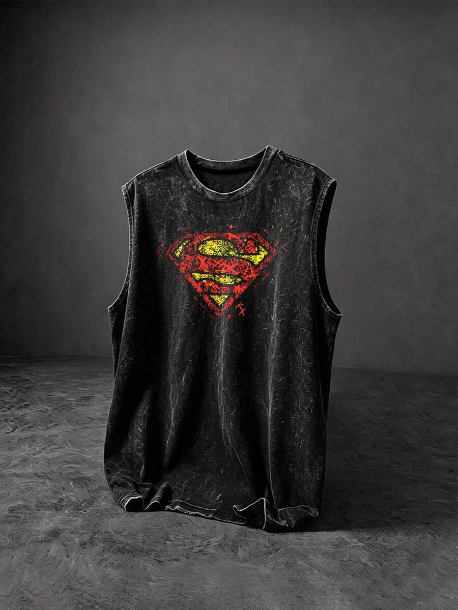 SUPERMAN X SHEIN 男士圓領休閒百搭日常旅行運動背心,健身房適用 - 黑色 - 查看 1