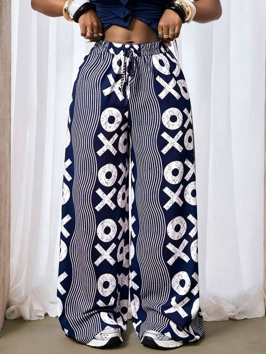 BamGleam Fashionable Casual Commuter City Break Vacation Wave Pattern Symbol Print Wide Leg Long Pants Navy Blue And White Autumn Vacation