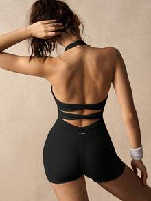 VARSIVA Women's Solid Color Pleated Halter Neck Sports Romper - Black - View 7