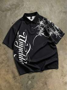 ROMWE MEN Street Life Kemeja Polo Kasual Lengan Pendek Motif Gothic Gelap untuk Pria - Hitam - View 8