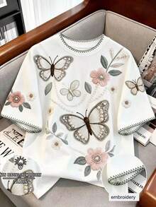 Resyla 女士超大号仿珍珠装饰圆领落肩T恤，印花图案 - 彩色 - 查看 3