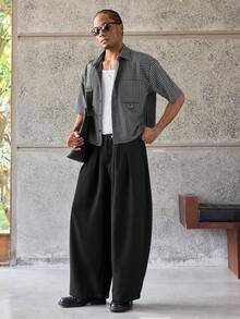 ESTAVOR 男士格紋單排扣休閒百搭日常通勤短袖襯衫 - 黑色 - 查看 3