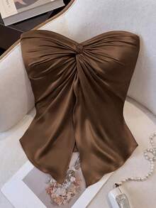 GlowEve Áo kiểu satin không dây thắt nút thời trang nữ, thanh lịch cho mặc hàng ngày, đi nghỉ mát, đi chơi, dự tiệc, mùa xuân/hè. - màu nâu - Xem 1
