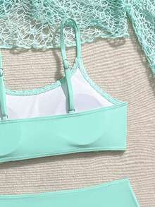 SHEIN Tween Girl Solid Color Swimsuit Set For Vacation And Beach - Mint Blue - View 3