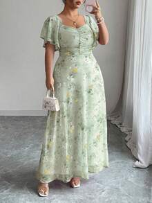 Modelyn Plus Size Women's Chiffon Butterfly Print Batwing Sleeve Ruched Summer Sweet French Style Dress - Mist Green - View 6
